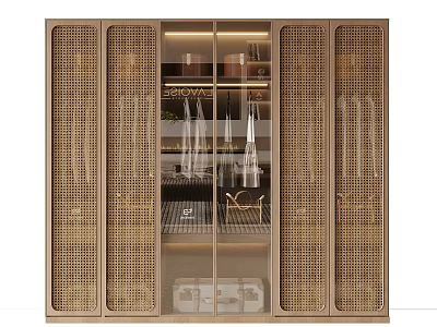 Modern Rattan Wardrobe With Glass Doors Internal Shelves And Elegant Design 3d model