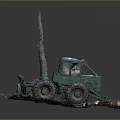 Green Farm Tractor With Logs And Tall Pole On Muddy Ground