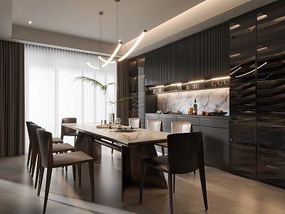 Modern Restaurant Interior Design With Dining Table Chairs Pendant Lights Dark Cabinets And Marble Countertop 3d model