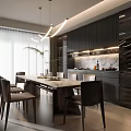 Modern Restaurant Interior Design With Dining Table Chairs Pendant Lights Dark Cabinets And Marble Countertop