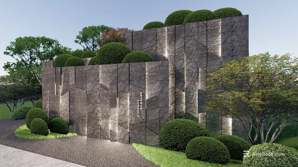 Natural Textured Stone Wall Landscaped With Trimmed Bushes And Green Trees 3d model 