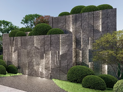 Natural Textured Stone Wall Landscaped With Trimmed Bushes And Green Trees 3d model