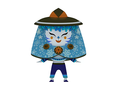 Traditional Doll With Brown Green Hat Blue Cloak And Snowflake Flower Patterns 3d model