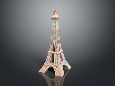 Wooden Eiffel Tower Shaped Decorative Furniture Piece With Striped Texture And Flag Top For Home 3d model