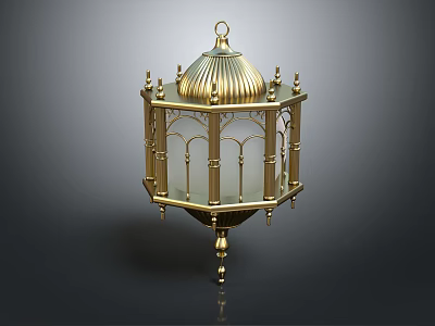 Classic Golden Domed Top Chandelier With Arched Framework And Glass Panels 3d model