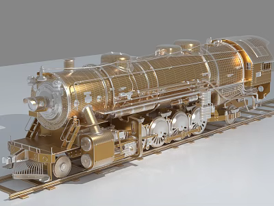 Exquisite Golden Steam Train Model Showcasing Detailed Vintage Design On Tracks 3d model
