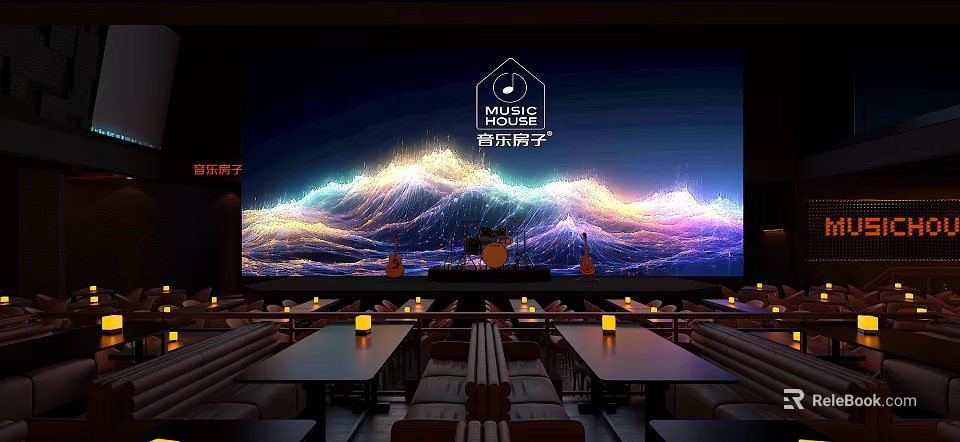 Music Themed Bar Interior With Large Screen Lighting Effects Musical Instruments And Tables 3d model 