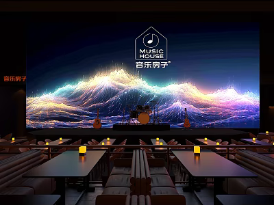 Music Themed Bar Interior With Large Screen Lighting Effects Musical Instruments And Tables 3d model