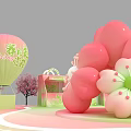 Spring Themed Floral Installation with Pink Blossom Trees Balloons and Gift Boxes