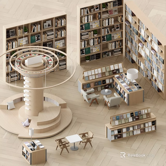 Modern Open Bookcase with Circular Rotating Shelves and Wooden Study Tables Chairs 3d model 