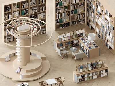 Modern Open Bookcase with Circular Rotating Shelves and Wooden Study Tables Chairs 3d model