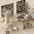 Modern Open Bookcase with Circular Rotating Shelves and Wooden Study Tables Chairs