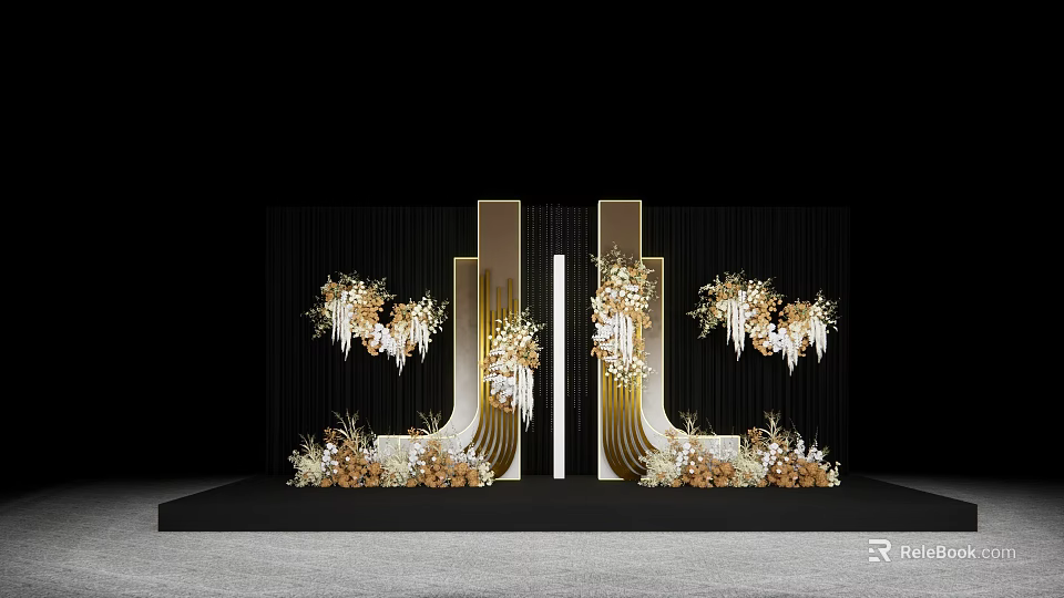 Elegant Floral Installation With Gold White Hanging Blooms On Dark Backdrop And Geometric Frames 3d model 