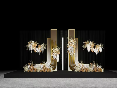 Elegant Floral Installation With Gold White Hanging Blooms On Dark Backdrop And Geometric Frames 3d model