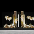Elegant Floral Installation With Gold White Hanging Blooms On Dark Backdrop And Geometric Frames