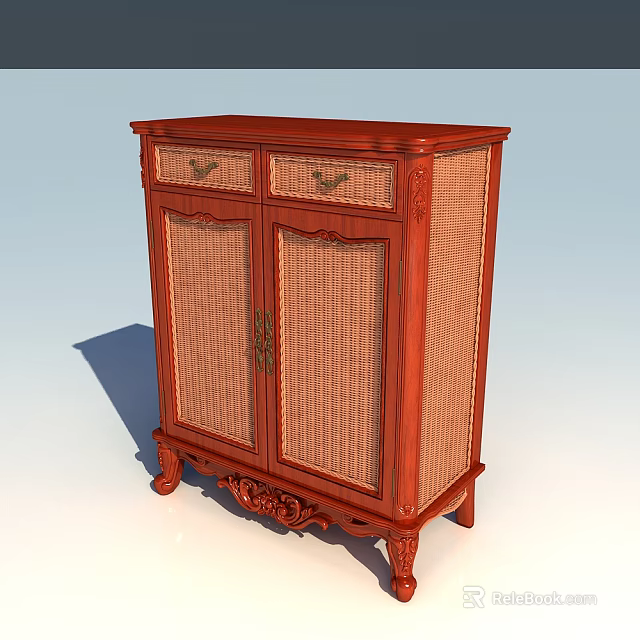Traditional Wooden Shoe Cabinet With Woven Rattan Doors And Carved Legs 3d model 