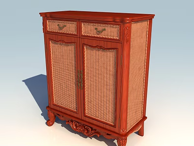 Traditional Wooden Shoe Cabinet With Woven Rattan Doors And Carved Legs 3d model