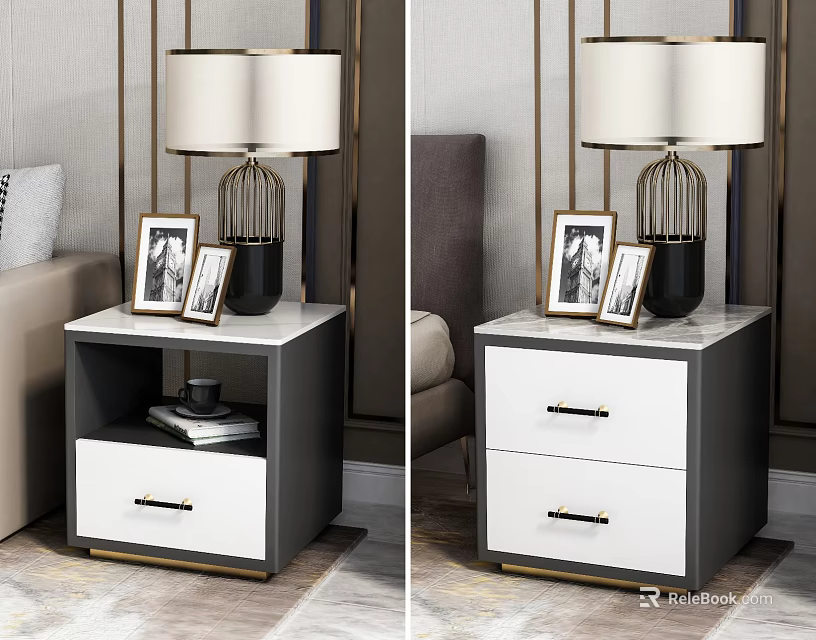 Black and White Bedside Tables with Marble Top Drawers Lamps and Photo Frames 3d model 