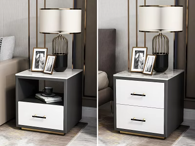 Black and White Bedside Tables with Marble Top Drawers Lamps and Photo Frames 3d model