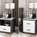 Black and White Bedside Tables with Marble Top Drawers Lamps and Photo Frames