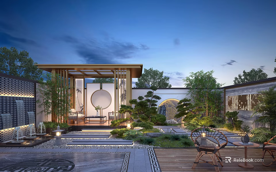 Chinese Courtyard Garden With Moon Gate Pavilion Bamboo Stone Steps And Ambient Evening Lighting 3d model 