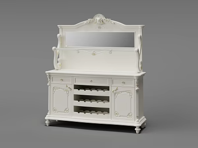 Elegant Classic White Dining Sideboard With Carved Details Mirror Back And Wine Rack Shelves 3d model