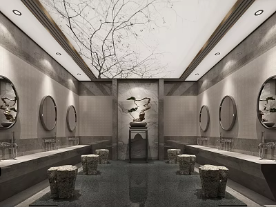 Modern SPA Sauna Interior Featuring Marble Walls Round Mirrors And Stone Seats 3d model