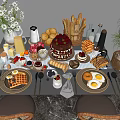 Assorted Breakfast Foods With Waffles Cake Berries Eggs Bagels And Fresh Juice