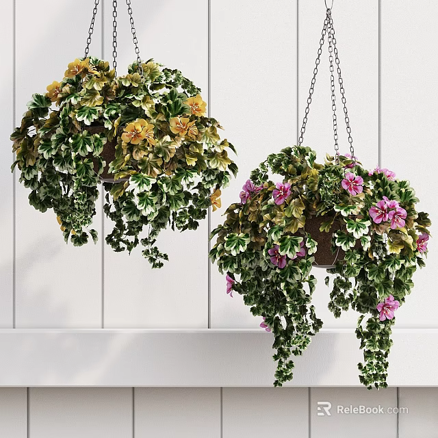 Decorative Hanging Plant Arrangement With Green Leaves Yellow Pink Flowers Chain And White Background 3d model 