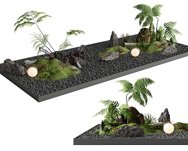 Courtyard sketch plant combination stone fern potted landscape plant pile 3d model