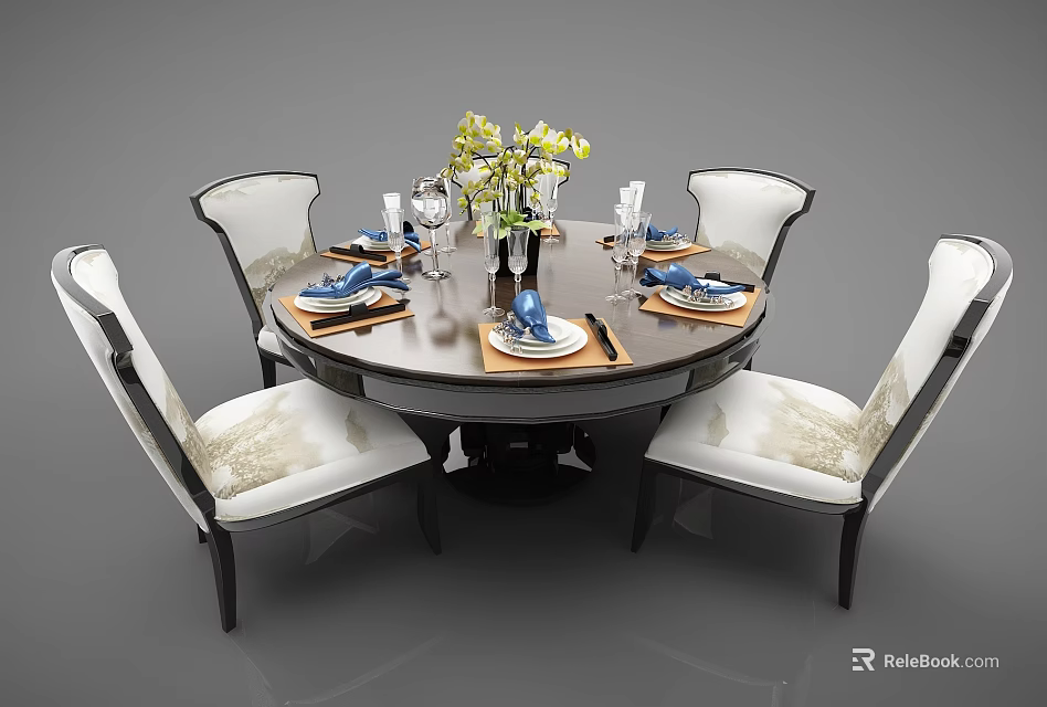 Elegant Round Dining Table Set with White Chairs Tableware and Flower Vase 3d model