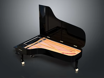 Black Grand Piano With Open Top Shiny Finish And Interior String Structure 3d model