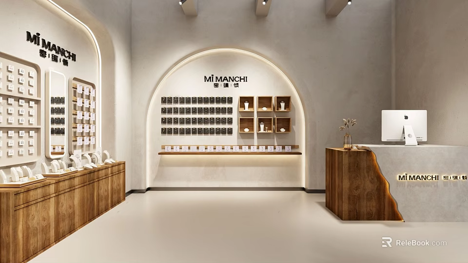 M.BIANCHI Jewelry Store Interior With Arched Design Display Cases And Wooden Counter 3d model 