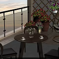 Cozy Balcony Wooden Table And Chairs Set With Flower Pots Hanging Chair And Rug