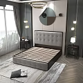 Modern Double Bed with Storage Upholstered Headboard by Sea View Window Decorative Mirror and Rug