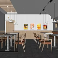 Modern Restaurant Interior With Wooden Walls Orange Chairs Pendant Lights White Tables And Wall Art