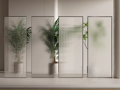Contemporary Room Divider Screen With Transparent Grid Design And Indoor Plants 3d model