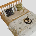 Double Bed Featuring Wooden Headboard Light Beige Bird Patterned Bedspread and Decorative Pillows 3d model
