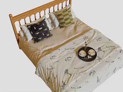 Double Bed Featuring Wooden Headboard Light Beige Bird Patterned Bedspread and Decorative Pillows 3d model