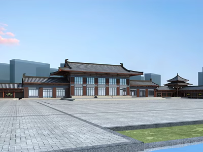 Traditional Ancient Chinese Architecture With Classic Roof Stone Paved Square And Modern Background 3d model