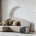 Modern Beige Sectional Sofa with Neutral Throw Pillows Striped Blanket and Arched Wall Decor 3d model