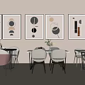 Modern Dining Table Set With Geometric Wall Art Beige Pink Gray Chairs And Potted Plants