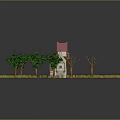 Cartoon Scenic Fairy Tale House With Red Spire Green Trees And Gravel Path