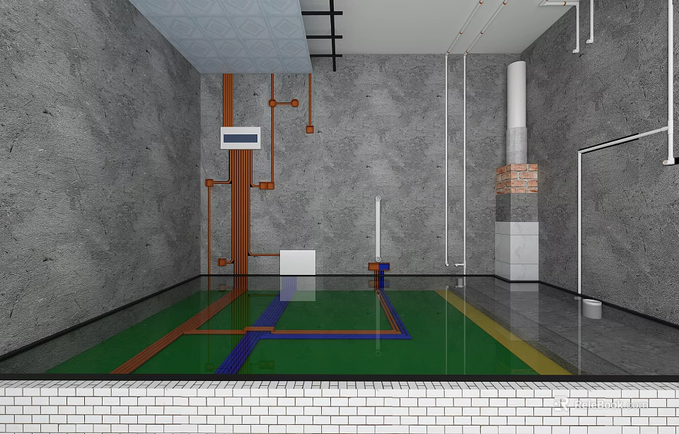 Infrastructure Interior Layout With Gray Walls Orange Pipes Colored Floor Lines And White Block 3d model 