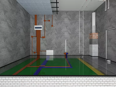 Infrastructure Interior Layout With Gray Walls Orange Pipes Colored Floor Lines And White Block 3d model