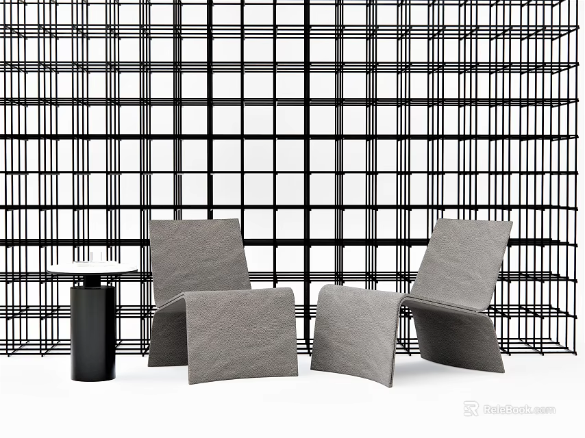 Table and Chair Set with Gray Chairs Square Cushions Black Side Table and Grid Background 3d model 