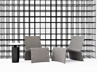 Table and Chair Set with Gray Chairs Square Cushions Black Side Table and Grid Background 3d model