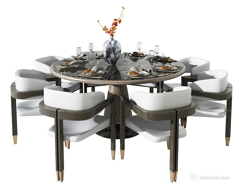 Elegant Round Dining Table Set with White Upholstered Chairs Floral Vase and Tableware 3d model 