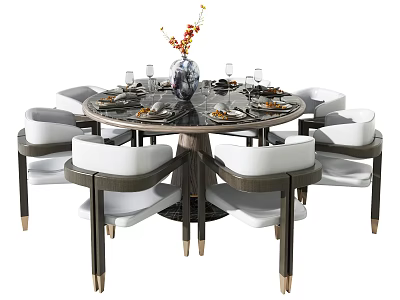 Elegant Round Dining Table Set with White Upholstered Chairs Floral Vase and Tableware 3d model