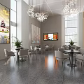 Modern Station Lobby With Luxurious Chandeliers Marble Counters Seats And Screens